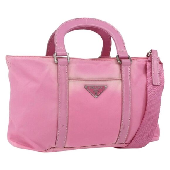 PRADA Hand Bag Nylon 2way Pink Silver Auth 153314